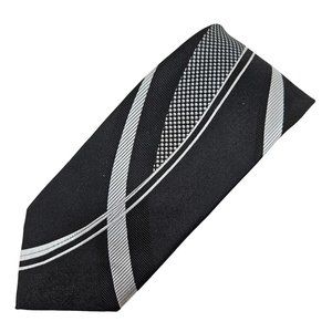 Falls Creek Tie 100% Silk Black Background Silver Curvy Lines